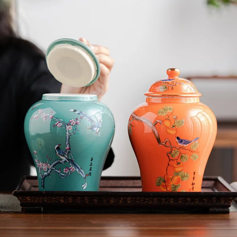 Nordic Gilded Plant Floral Winding Ceramic Tea Jar Table Top Ornament Shogun Craft Gift Sealed Storage Container Home Decoration
